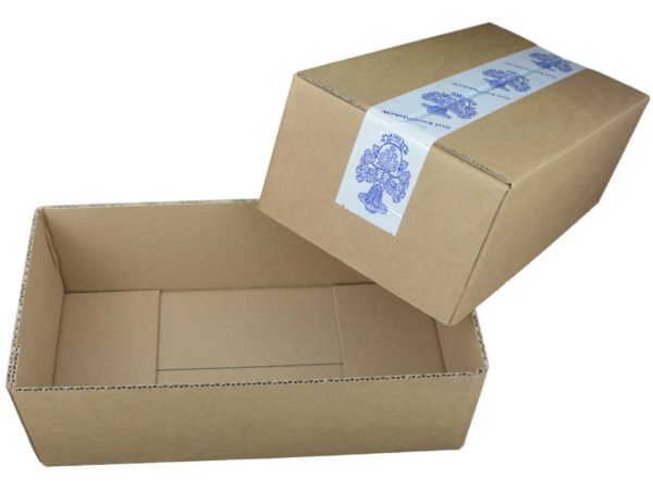 Foto eines offenen, braunen Stülpdeckelkartons / Faltkartons aus Karton mit B-Welle