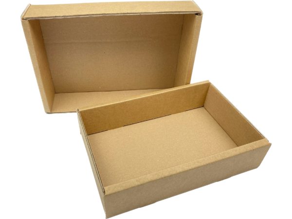 Foto eines offenen, braunen Stülpdeckelkarton / Faltschachtel aus Karton mit EB-Welle