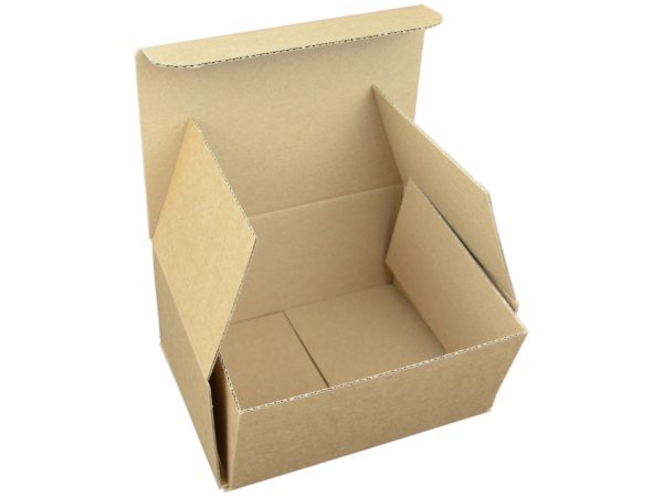 Foto eines offenen, braunen Klappdeckelkartons aus Karton mit E-Welle